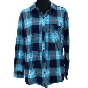 EUC Woolrich Womens XL Blue Plaid Flannel Button Down Shirt Cotton Hiking